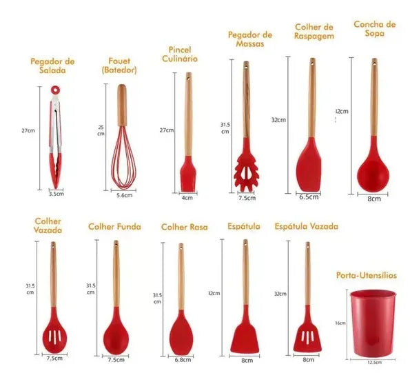 Kit Jogo 12 Peças Utensílios de Cozinha Silicone com Suporte!