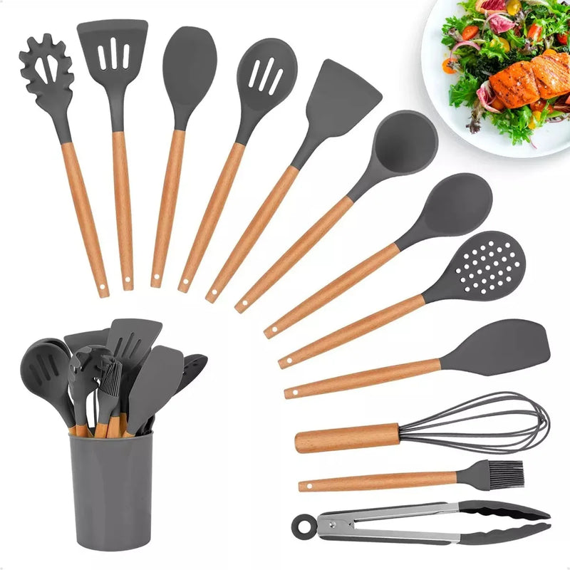 Kit Jogo 12 Peças Utensílios de Cozinha Silicone com Suporte!